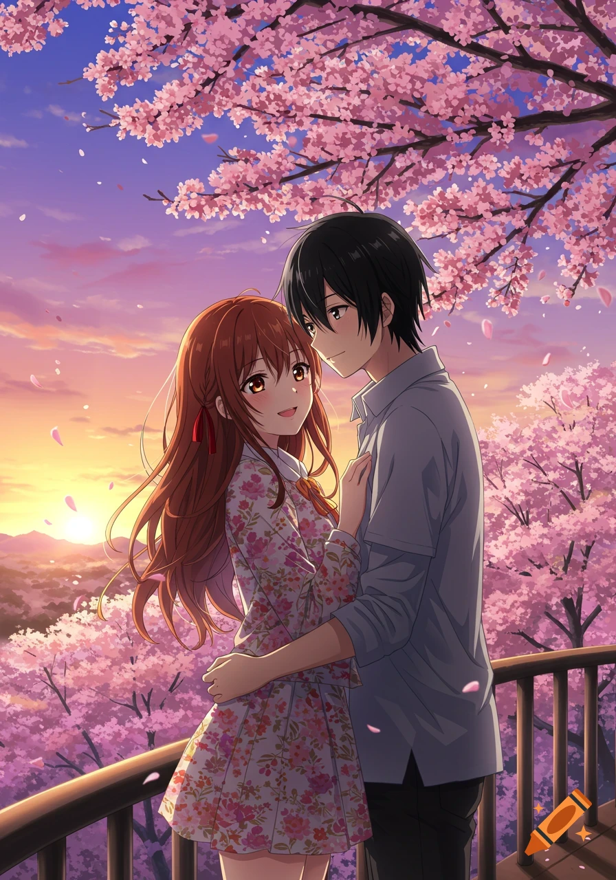 Anime couple embracing under cherry blossoms during a beautiful sunset, standing on a balcony with a railing.