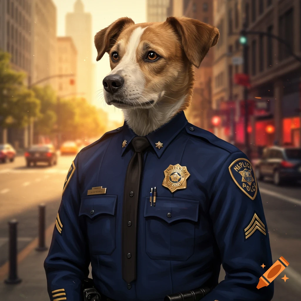 A dog's head on a police officer's uniform stands on an urban street.