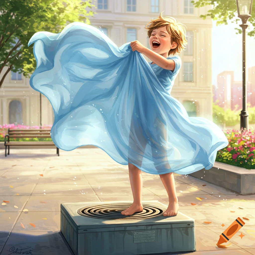 Happy boy in a blue dress on an air vent, skirt billowing around him, in a sunny outdoor illustration.