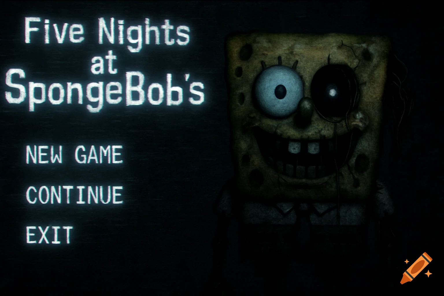 A horror video game menu screen for 'Five Nights at SpongeBob's' with a creepy, damaged animatronic SpongeBob and static.