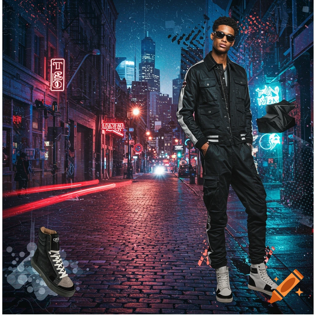 A man in a black jacket and pants with white stripes, standing on a rainy city street at night with neon signs and blurred red lights. A floating black high-top shoe is to his left.