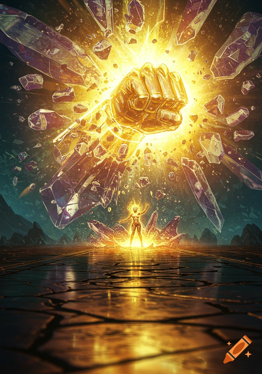 A giant golden fist punches through a large crystal, shattering it into pieces, releasing a glowing figure from below in a dramatic, powerful scene.