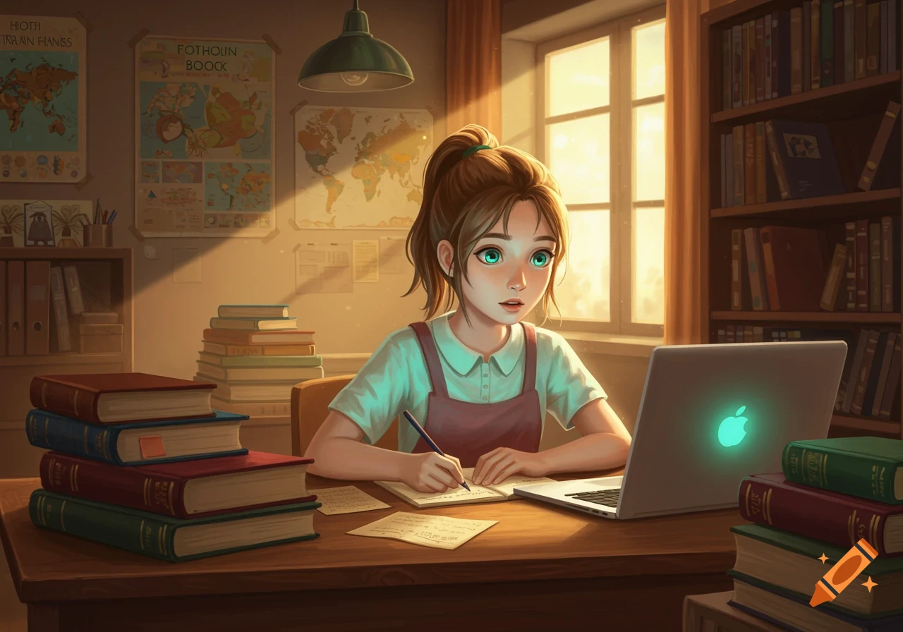 An anime-style girl with brown hair and turquoise eyes studies at a sunlit desk filled with books and a laptop, writing in a notebook.