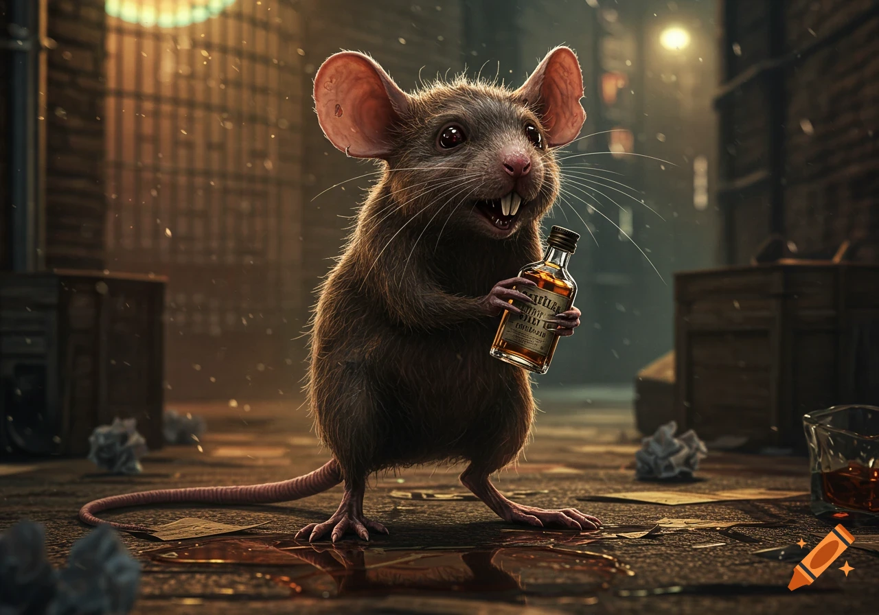 A photorealistic brown mouse with large ears stands upright, holding a miniature whiskey bottle in a dark, urban alley with debris on the ground.
