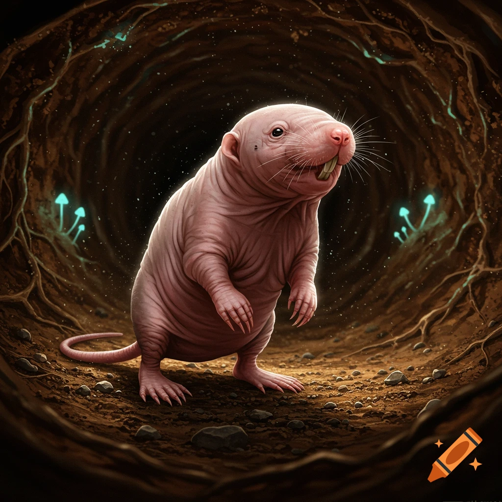 A pink naked mole-rat stands in a dark underground tunnel with glowing blue mushrooms and roots.