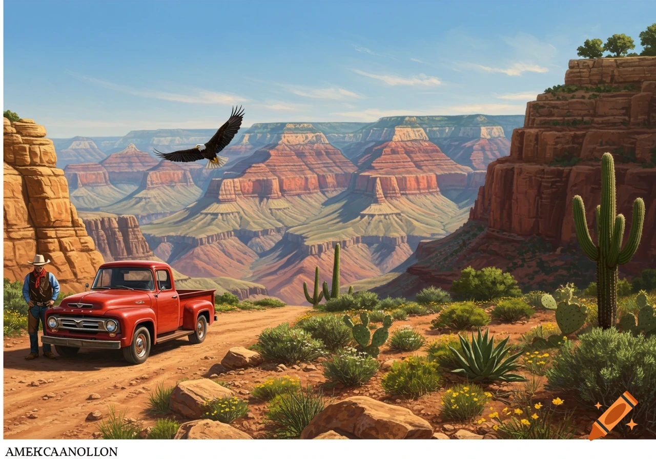 A man in a cowboy hat stands next to a red vintage pickup truck on a dirt road overlooking a vast canyon landscape with an eagle flying above. Cacti and desert flora are in the foreground under a clear blue sky.