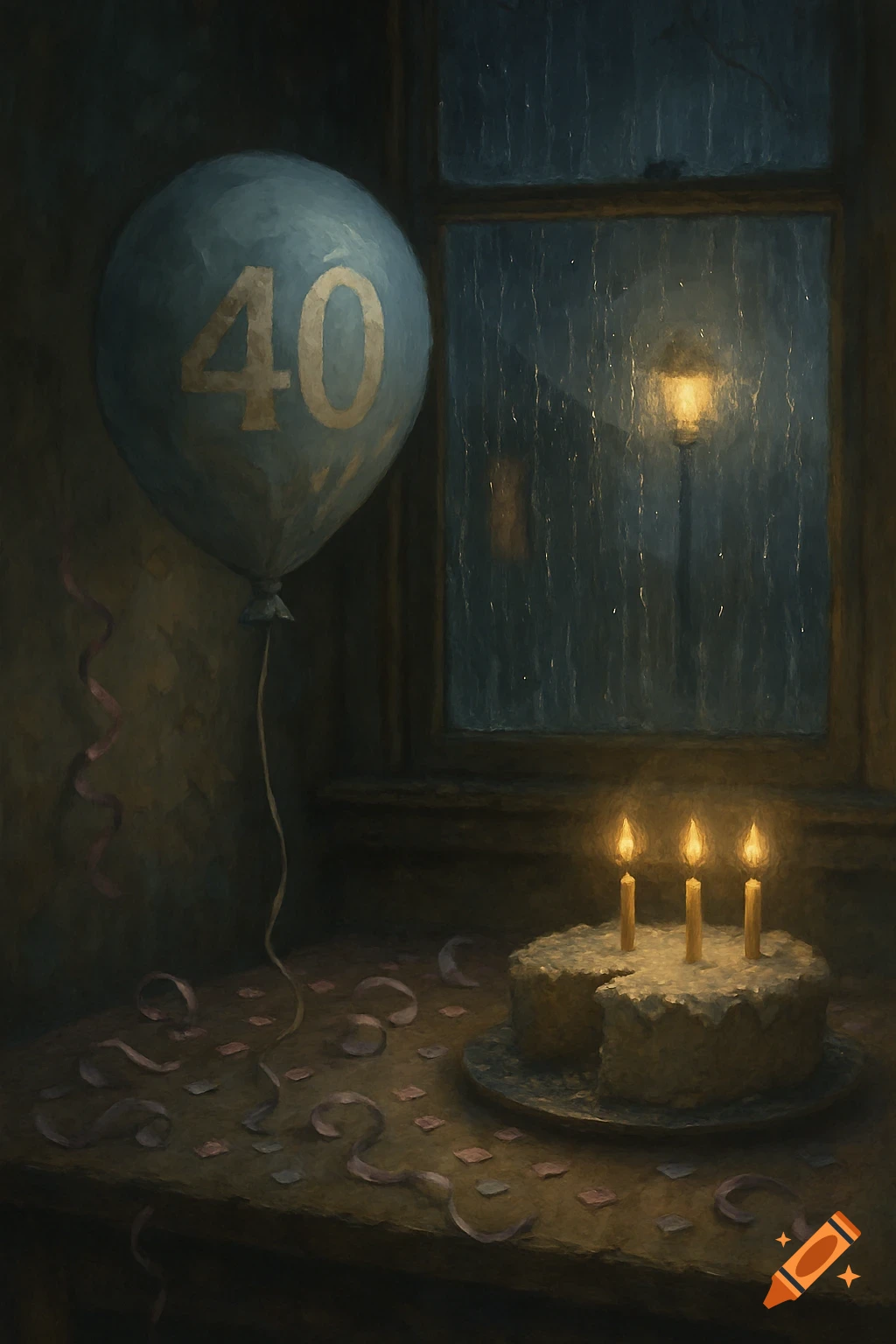 A gloomy, painterly still life of a birthday scene featuring a blue balloon with '40' on it, a half-eaten cake with three lit candles, ribbons, and confetti on a table, with a rain-streaked window showing a distant streetlamp.
