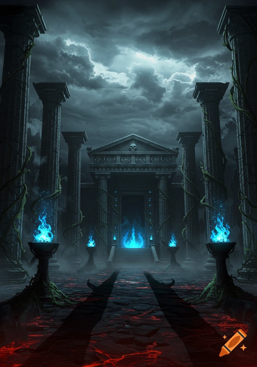 A dark, ominous temple with tall pillars and glowing blue flames, set against a stormy, cloudy sky with molten cracks on the ground.