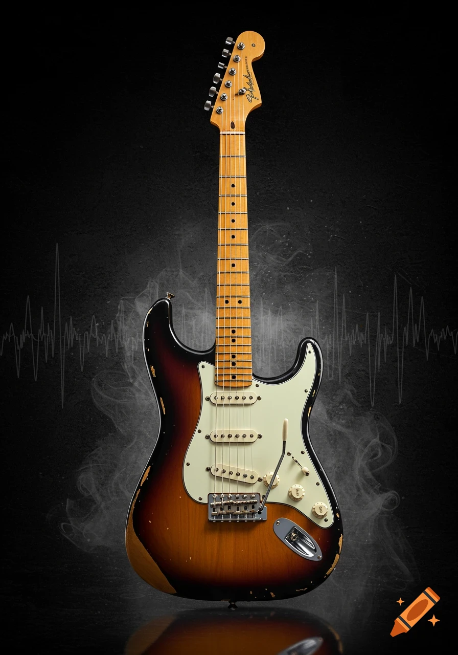 Photorealistic vintage Fender Stratocaster electric guitar with a sunburst finish on a dark background.