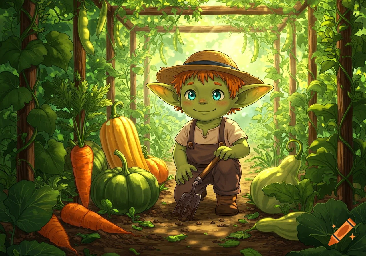 A cute green goblin in a straw hat and overalls kneels with a trowel in a lush, sunlit vegetable garden with carrots, gourds, and peas. Anime style.