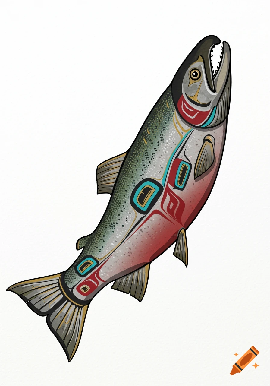 Stylized Native American art drawing of a salmon with intricate patterns on a white background.