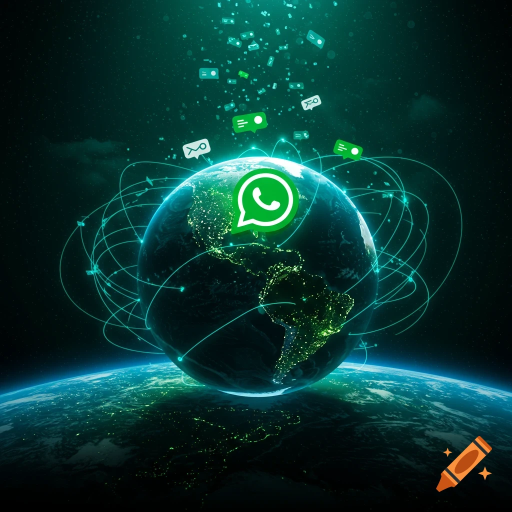 A large green and white WhatsApp logo floats above a glowing earth, surrounded by green network lines and floating message icons in deep space.
