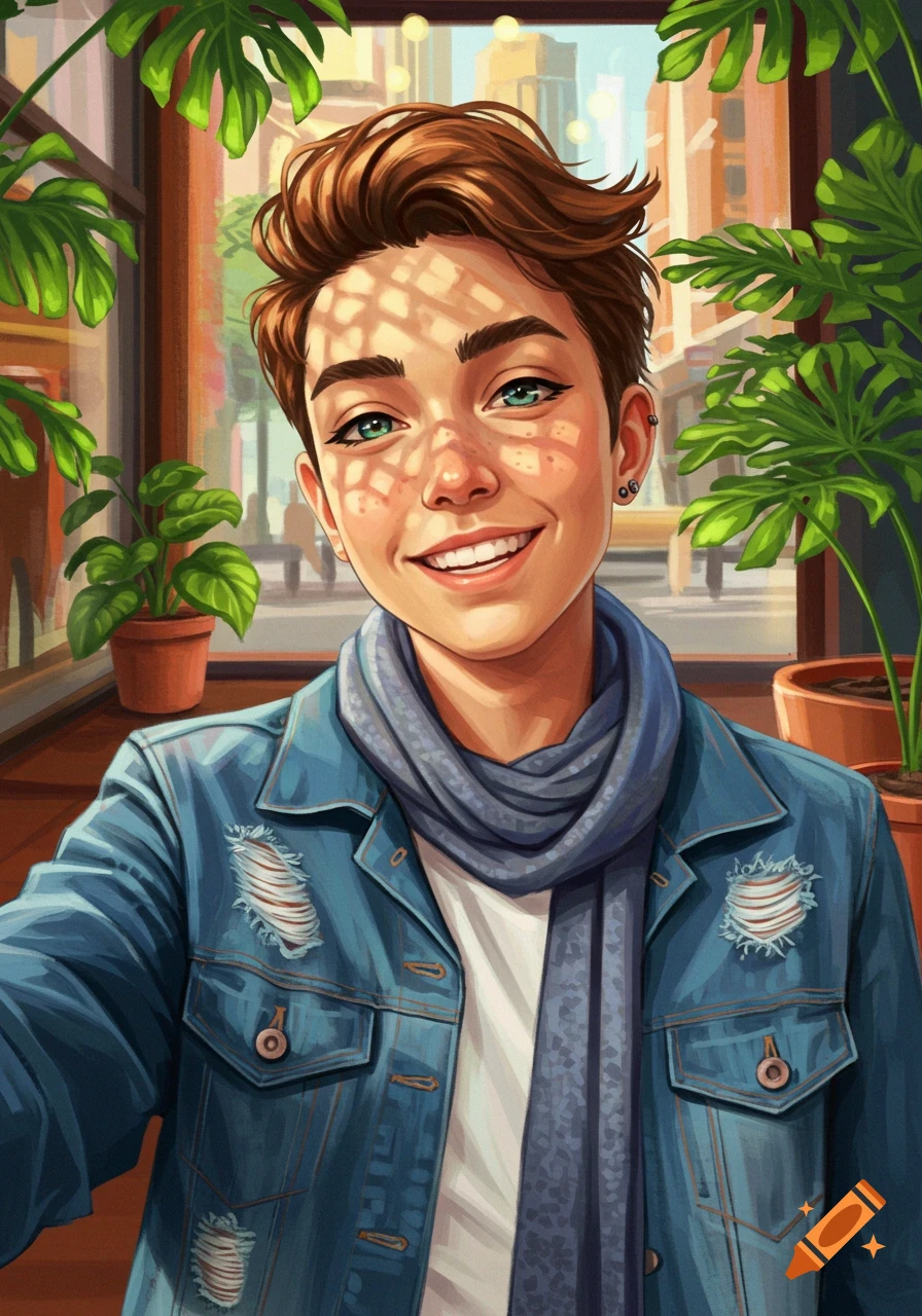 Smiling person with short brown hair and green eyes in a blue denim jacket and scarf, taking a selfie indoors with plants.