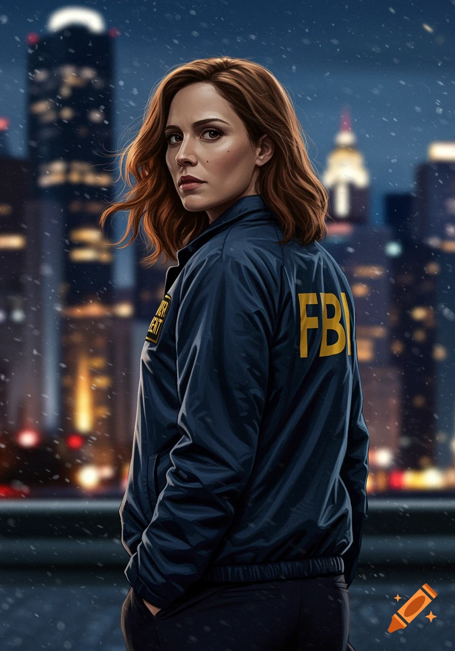 A female FBI special agent with auburn hair in a dark blue windbreaker stands against a city skyline at night, with snow falling.