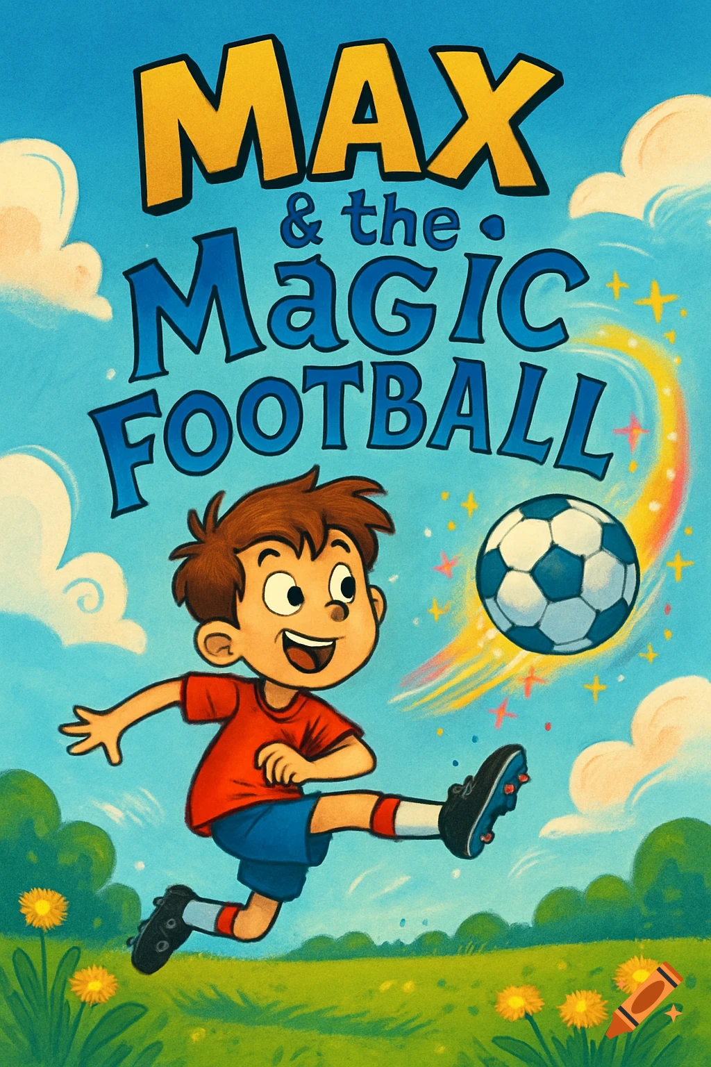 Cartoon book cover: Boy in red shirt kicks a football. Title: MAX & the Magic FOOTBALL, with a rainbow trail.