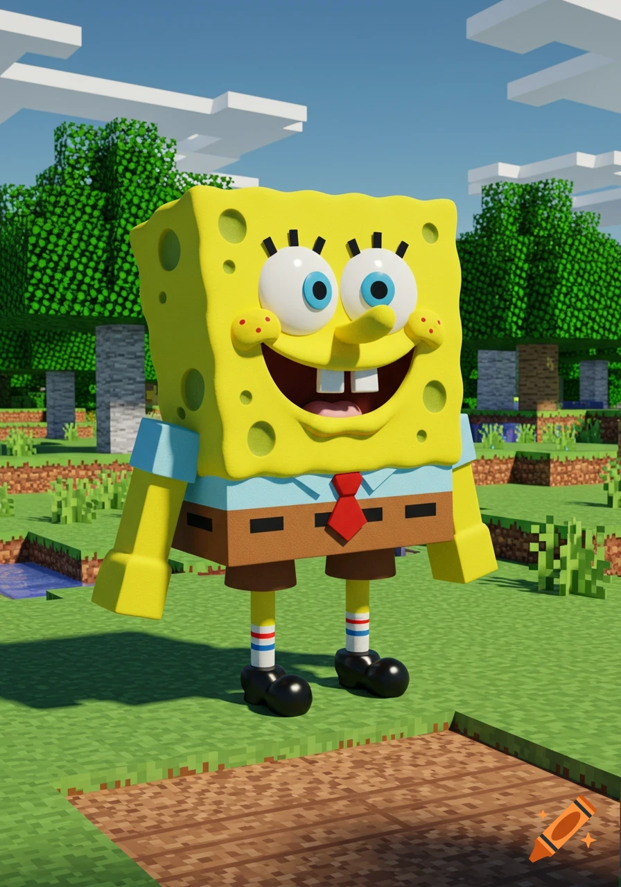 A 3D render of Spongebob Squarepants with a big smile, standing in a bright, blocky Minecraft-style world.