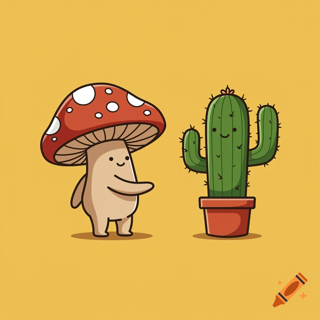 Cartoon illustration of a smiling mushroom character reaching out to a smiling potted cactus character on a yellow background.