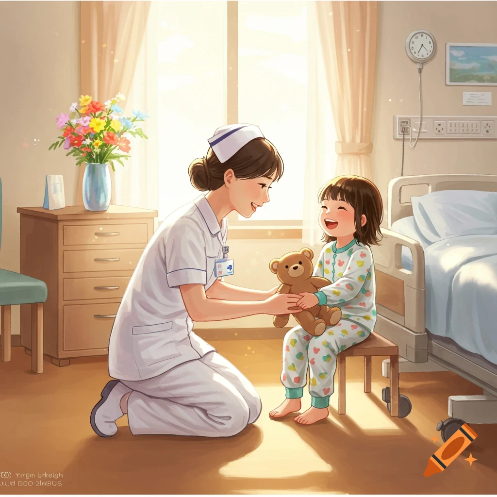 A nurse kneels to hand a teddy bear to a smiling child sitting on a stool in a bright hospital room, in an illustrative style.