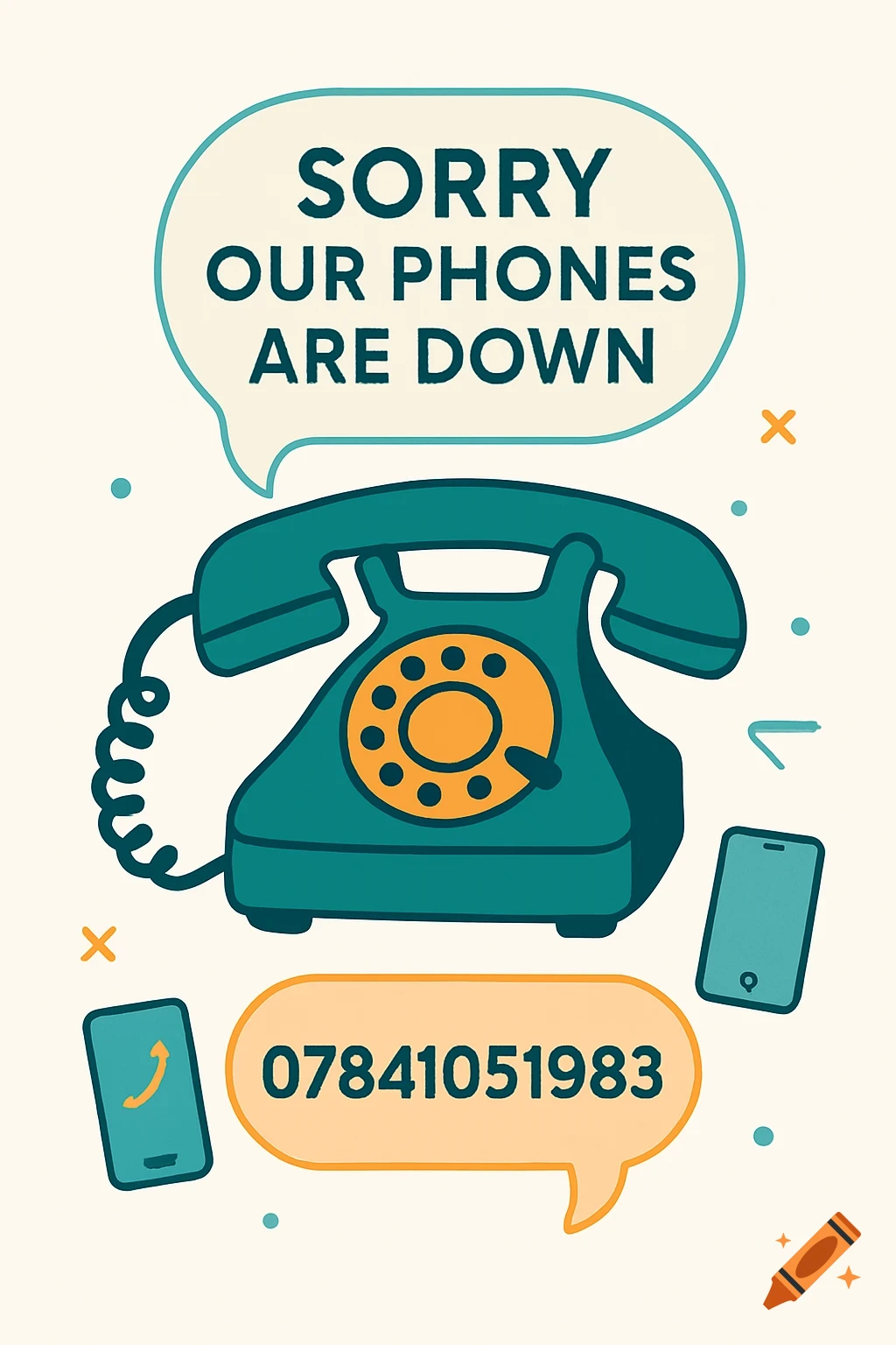 A stylized illustration showing an old rotary phone and two modern cell phones, with text bubbles that read "SORRY OUR PHONES ARE DOWN" and a phone number "07841051983" in a doodle art style.