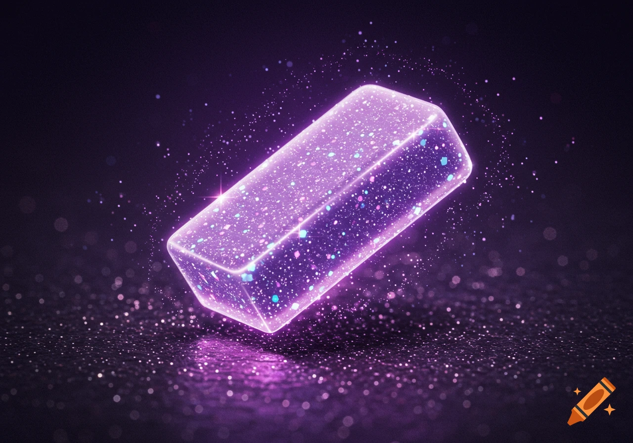 A vibrant purple glowing rectangular object covered in glitter particles, floating above a sparkling dark surface.