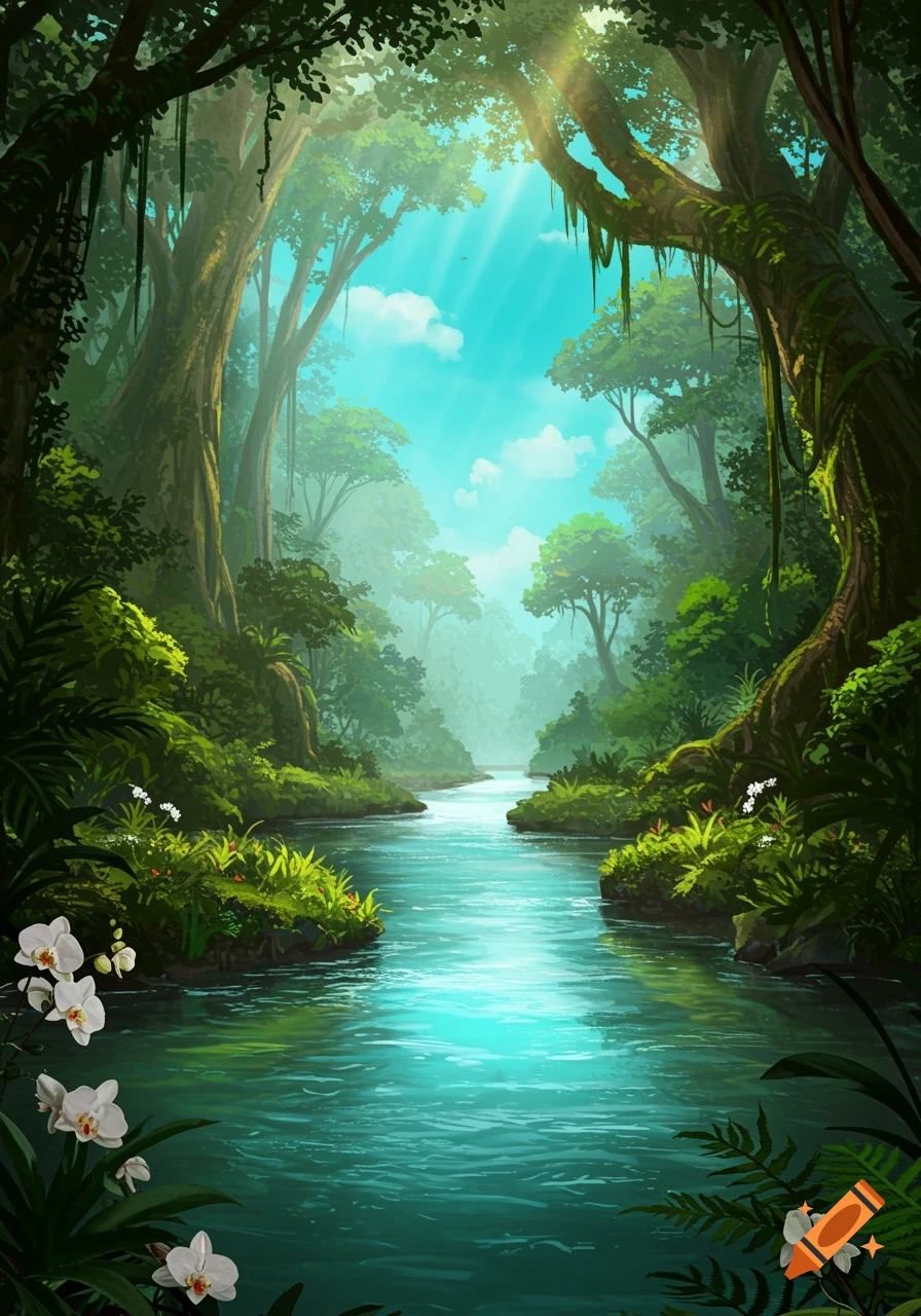 Lush green jungle with a clear blue river winding through, sunbeams shining through the canopy in a detailed illustrative style.