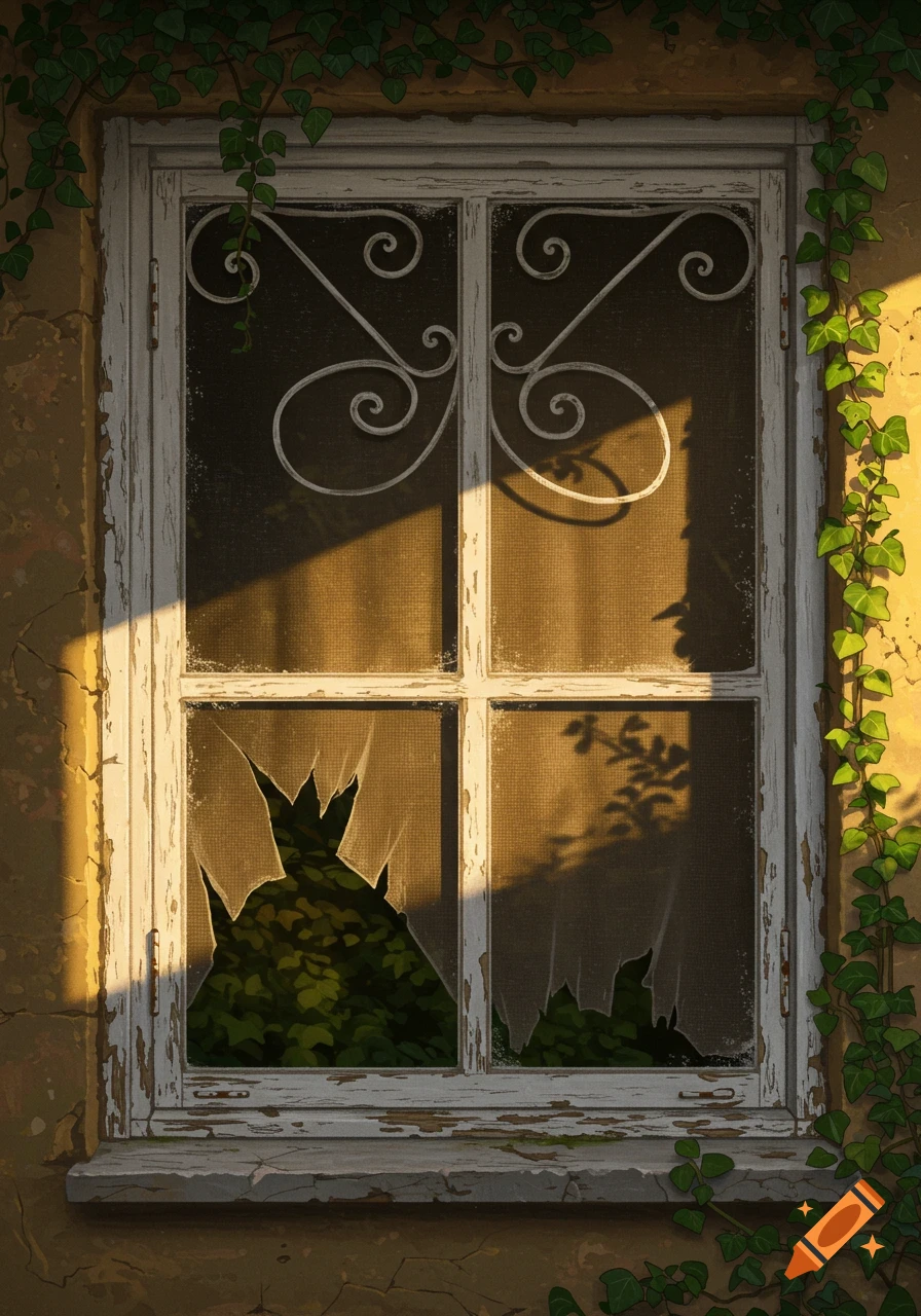 An old white casement window with a ripped screen and decorative ironwork, framed by green ivy under strong sunlight.