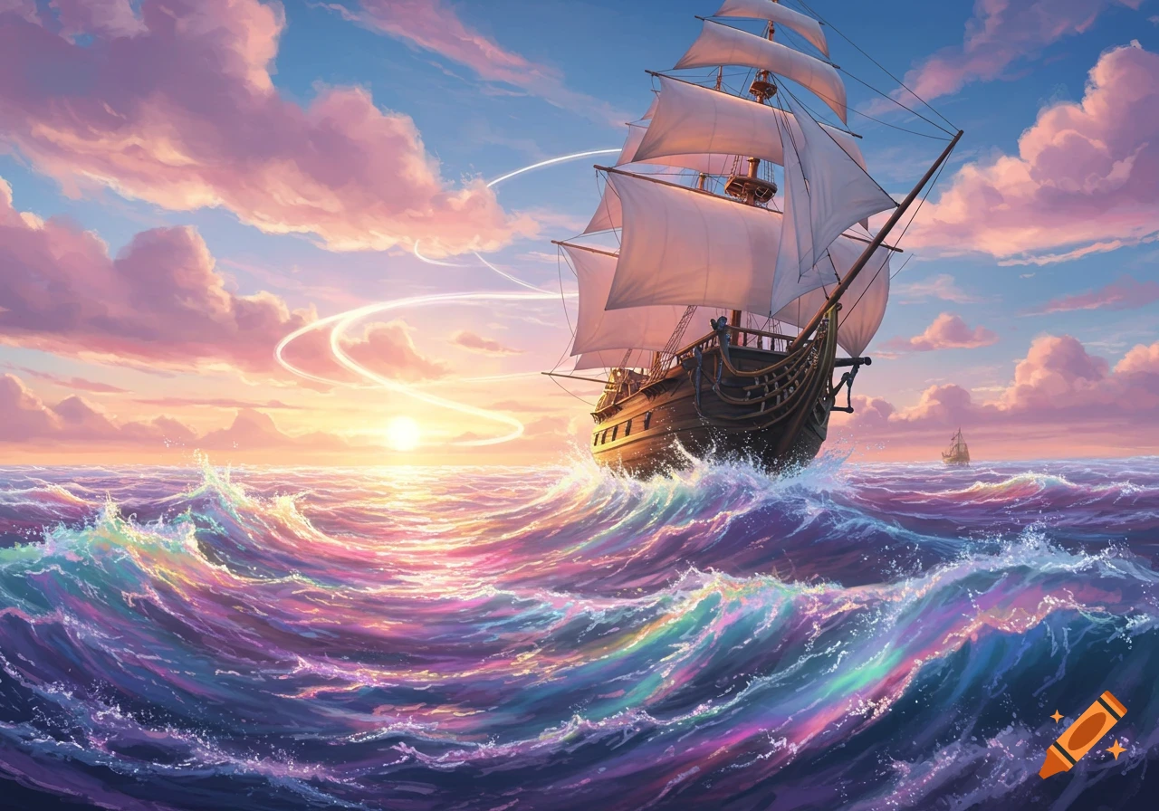 A large sailing ship crests a vibrant, rainbow-colored wave at sunset under a sky with pink clouds.