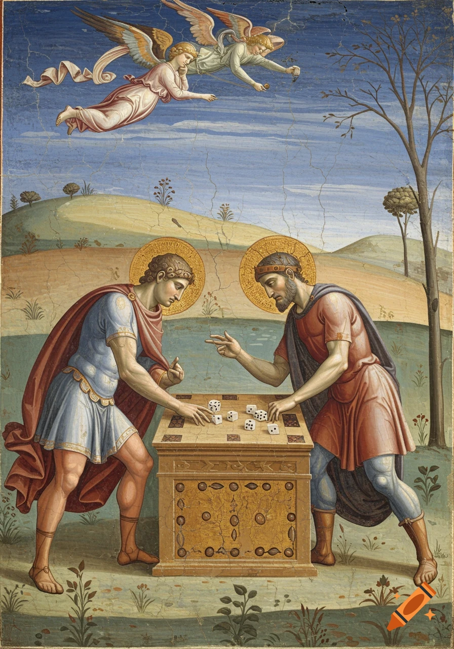 Two haloed figures play dice outdoors under flying angels, in the style of a medieval fresco painting.
