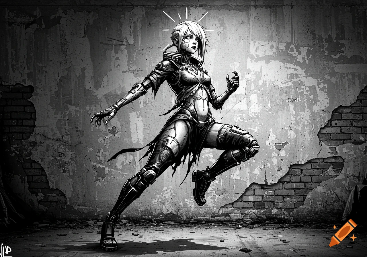 Black and white anime-style graffiti of a woman in a dynamic pose against a gritty, damaged wall.