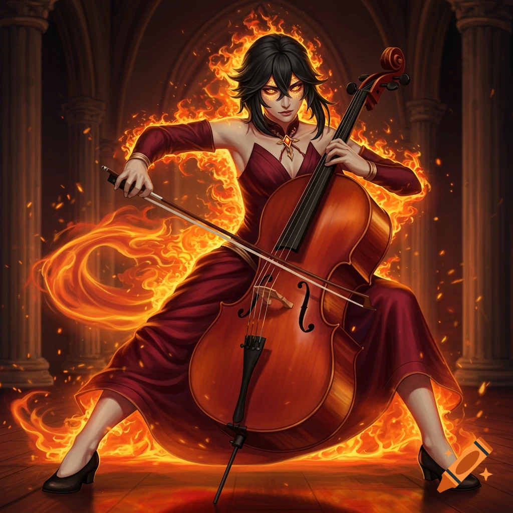 A black-haired woman with glowing eyes and fire powers in a maroon dress plays a cello surrounded by flames.