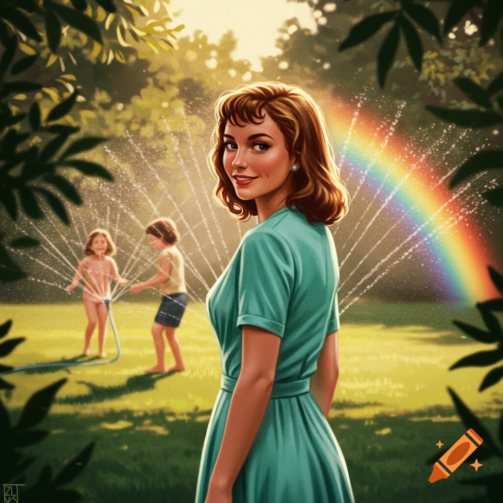 A woman in a mint dress looks over her shoulder at two children playing in sprinklers with a rainbow in a sunny garden.