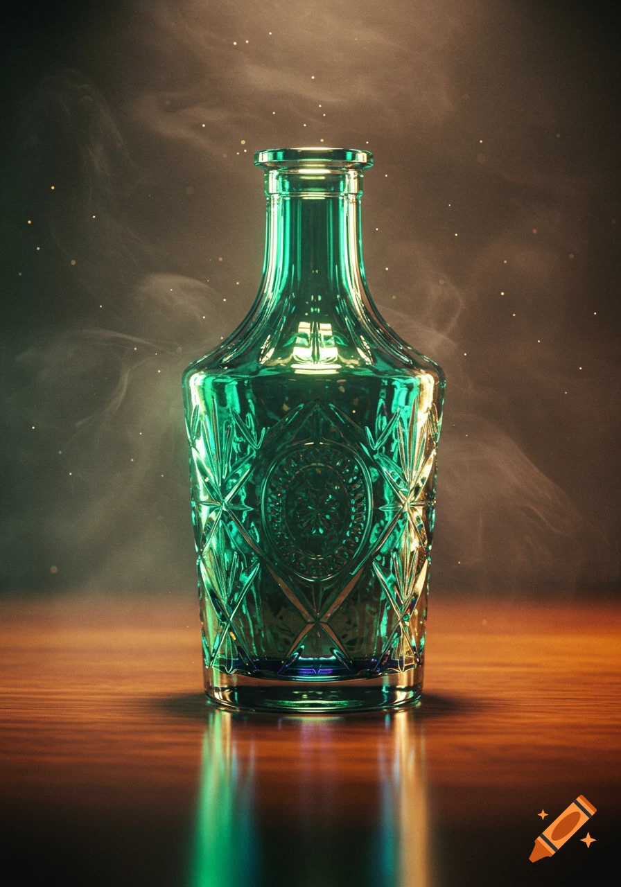 A green glass bottle with intricate patterns sits on a wooden surface, illuminated by light against a smoky background.