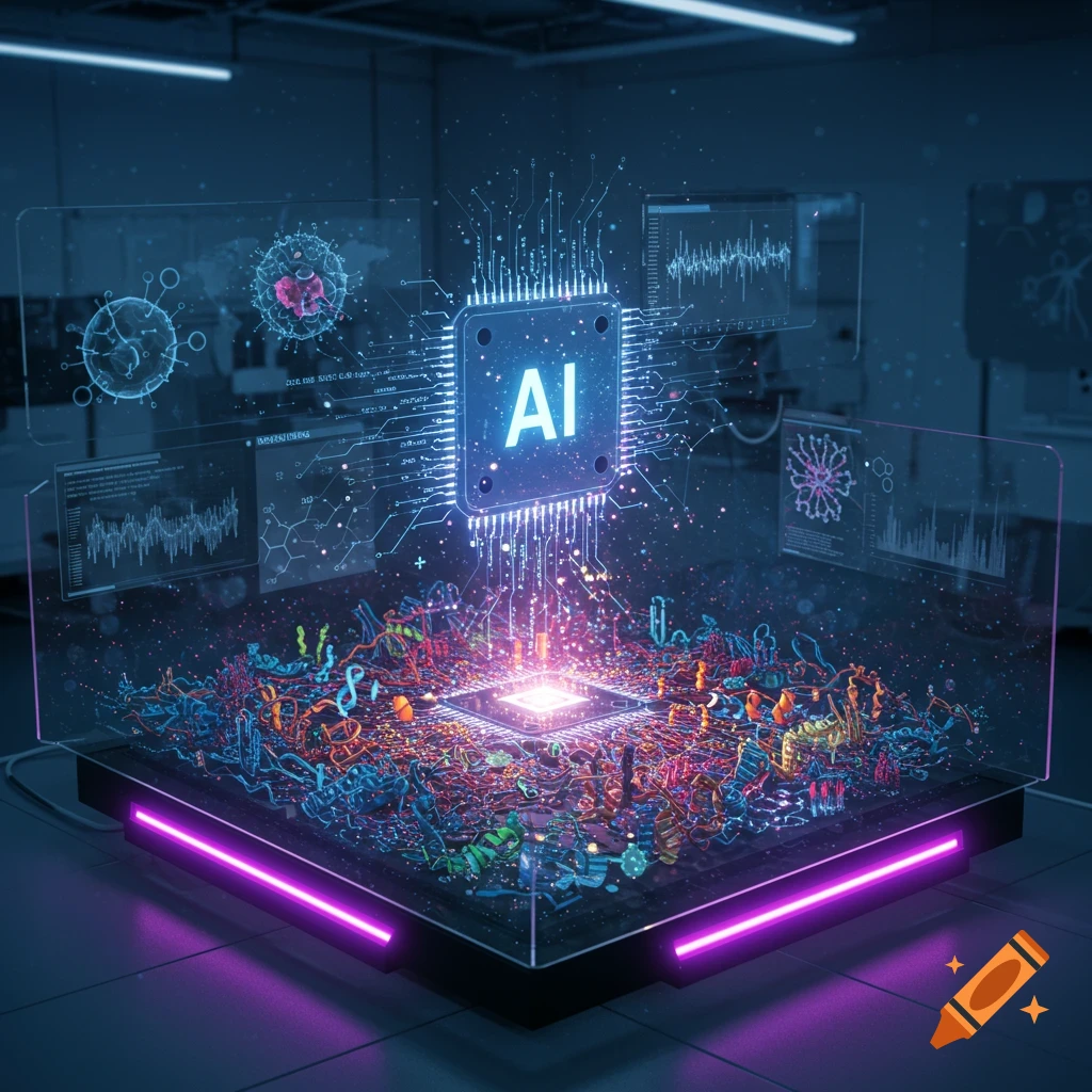 A glowing AI chip surrounded by intricate biological data and circuits in a futuristic lab setting.