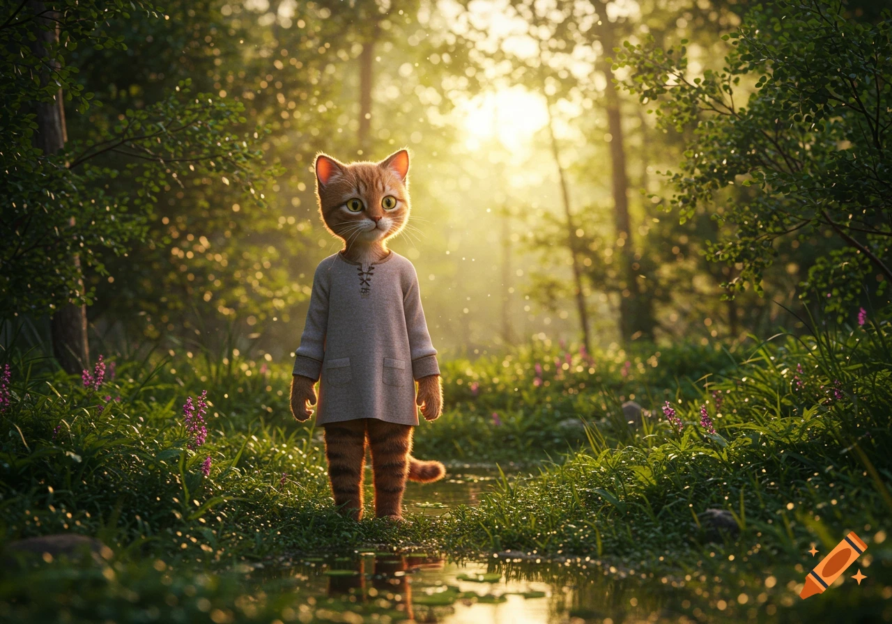 A cat-like creature with large eyes stands in a lush, sunlit forest clearing with a stream and purple flowers.