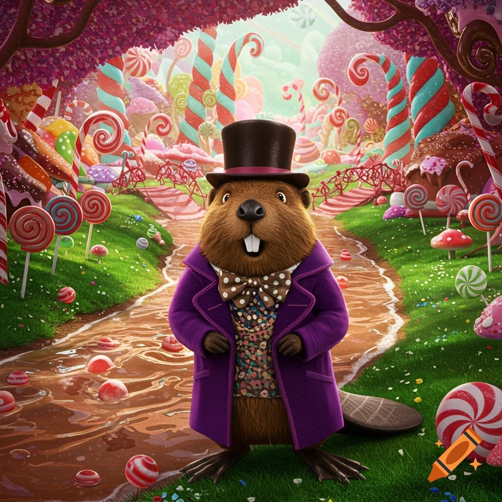 A cartoon beaver dressed as Willy Wonka stands in a vibrant candy land with a chocolate river and giant lollipops.