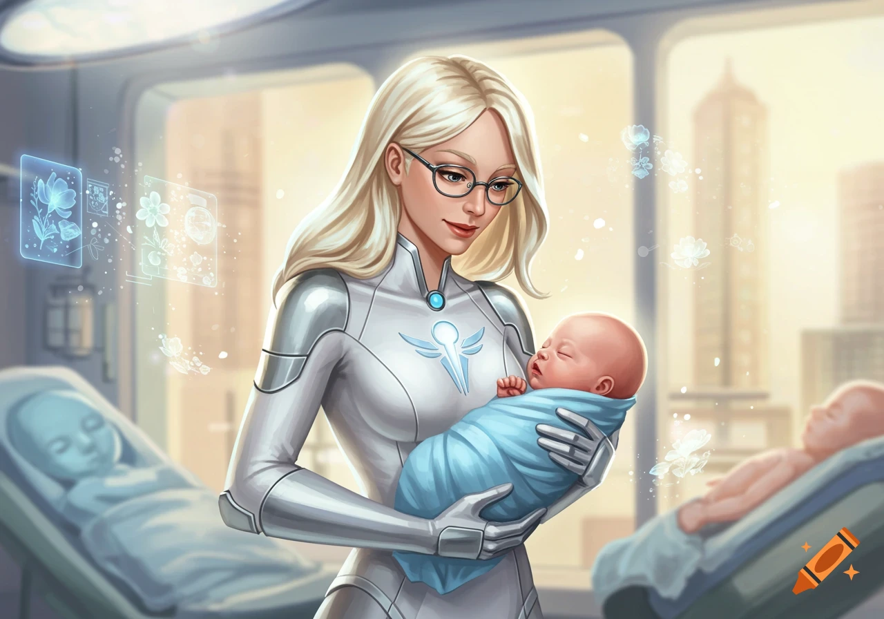 A blonde woman in a futuristic white suit and glasses holds a newborn baby in a high-tech medical room with holographic displays.