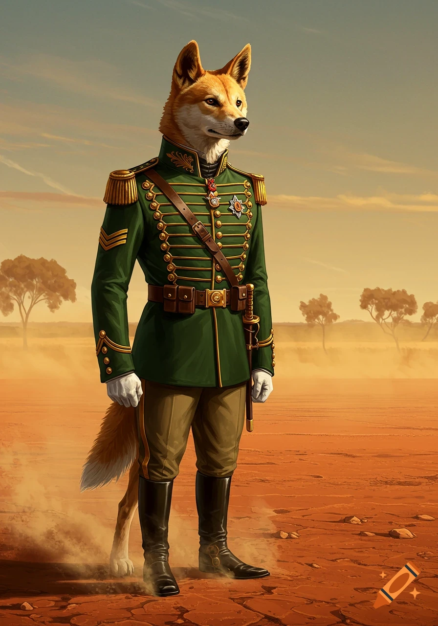 A dingo in a green military uniform stands in a vast, reddish-brown desert landscape under a hazy sky, looking to the right.