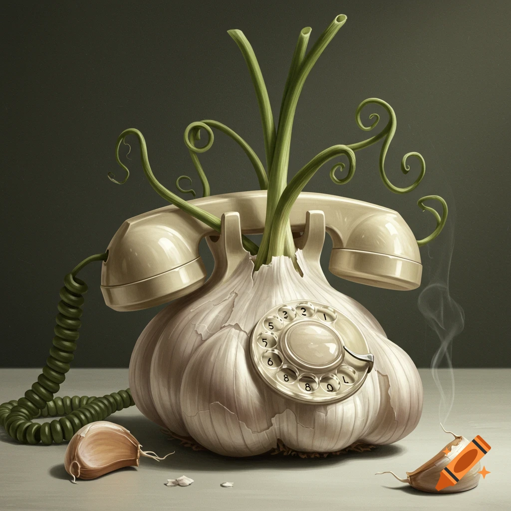 A creative still life image showing a garlic bulb transformed into a vintage rotary telephone, complete with green sprouts, a receiver, and a coiled cord.