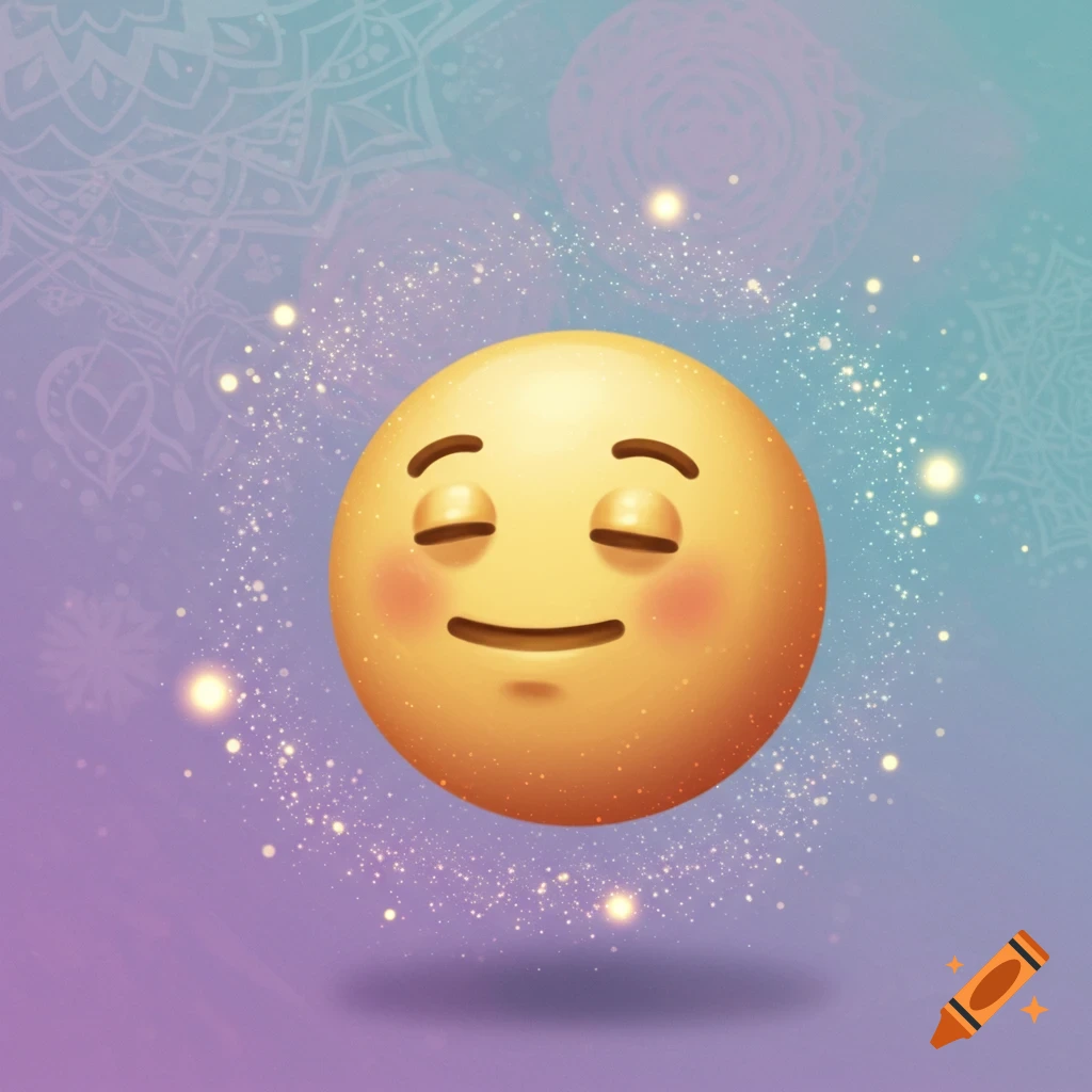 A golden-yellow emoji with closed eyes and a peaceful smile, floating amidst shimmering golden glitter and light particles. The background is a soft purple and blue gradient with faint, ethereal mandala patterns.