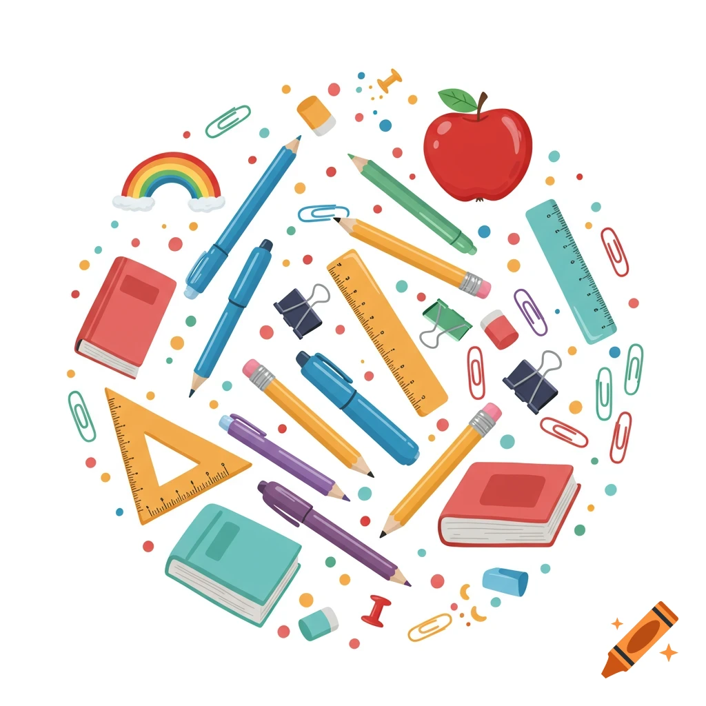 A colorful circular arrangement of various school supplies including pencils, pens, rulers, books, an apple, and a rainbow.