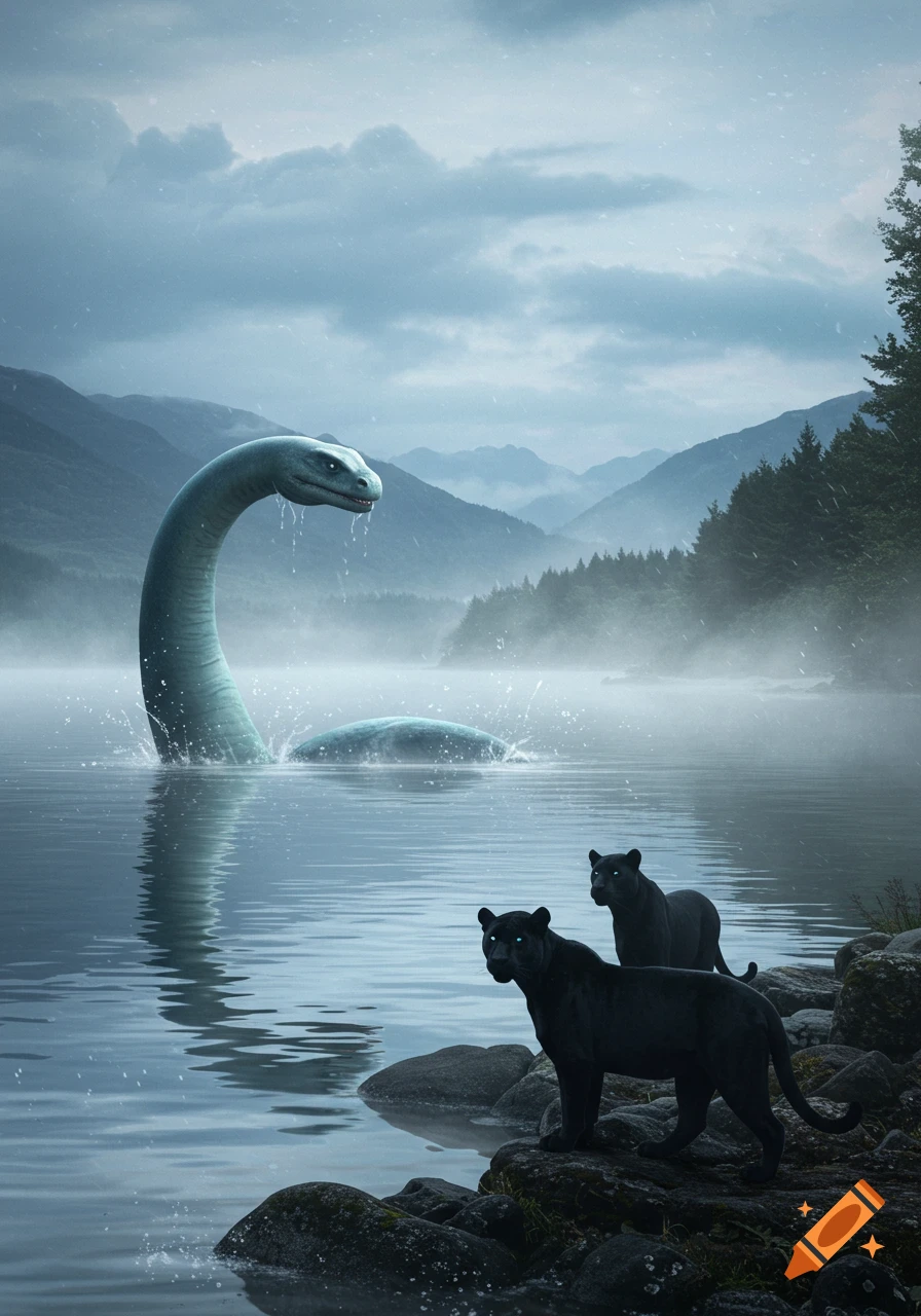 A grey Loch Ness monster emerges from a foggy lake, while two black panthers stand on the rocky shore, looking at it.