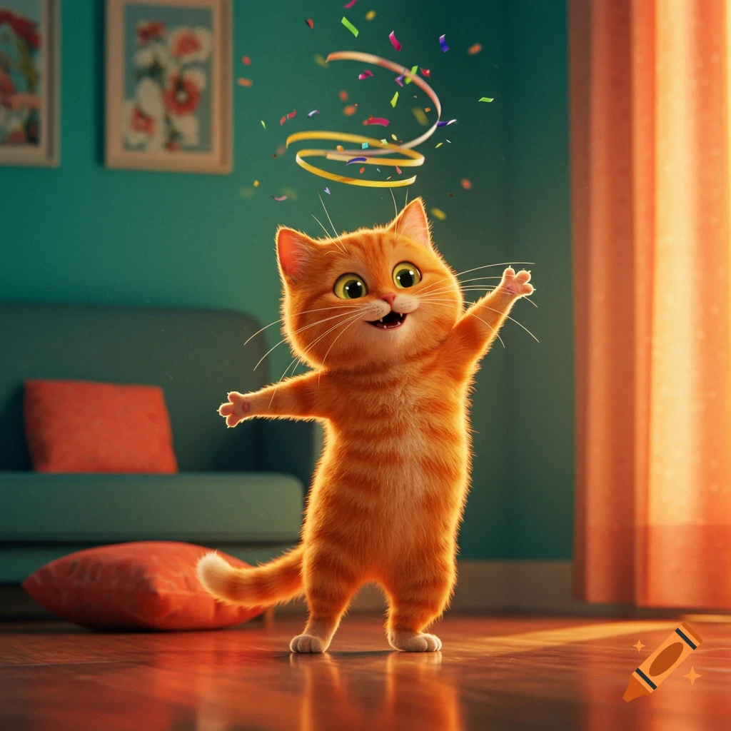 A cheerful orange cartoon cat with large green eyes dances joyfully amidst colorful confetti in a cozy, sunlit room.