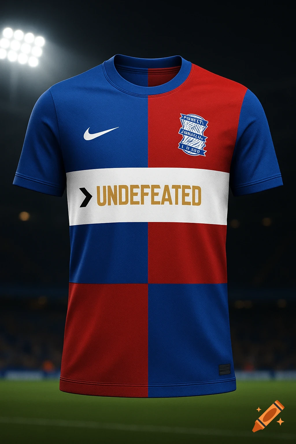 A blue and red quartered sports shirt with a white stripe featuring 'UNDEFEATED' in gold text and a Nike logo, on a stadium background.