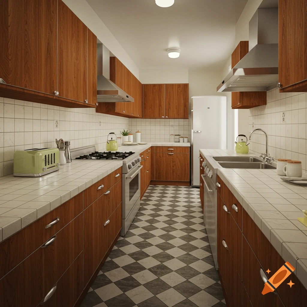 A photorealistic midcentury modern galley kitchen with light wood cabinets, white tiled countertops, a checkered floor, and retro appliances.
