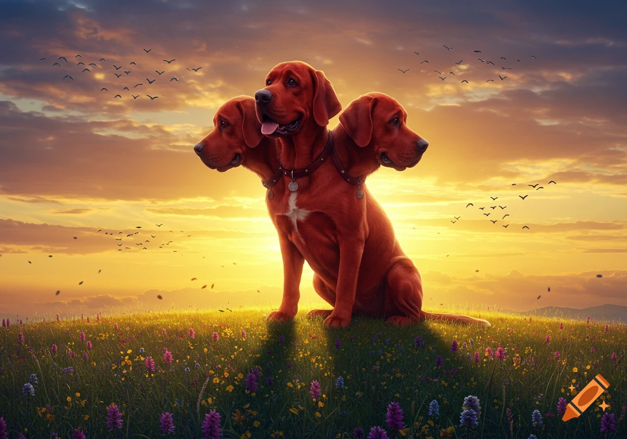 A three-headed red dog sits on a vibrant green hill covered in wildflowers at sunset, with birds flying in the sky.