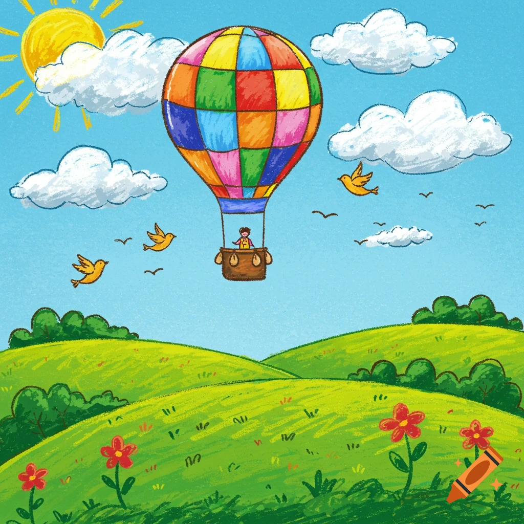 A colorful crayon drawing of a hot air balloon carrying a person over green hills with flowers and birds under a sunny sky.