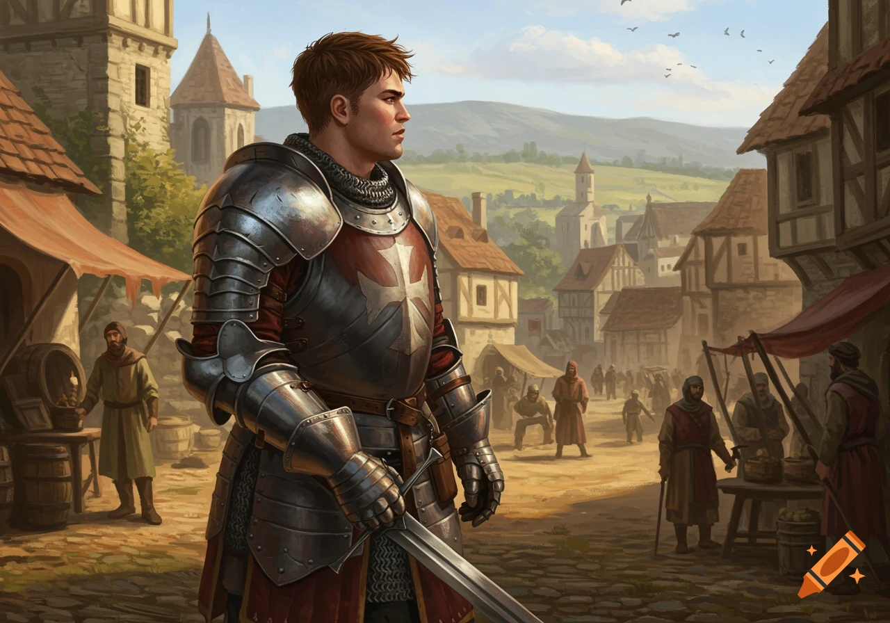A knight in shining armor stands in a medieval village marketplace, looking right.