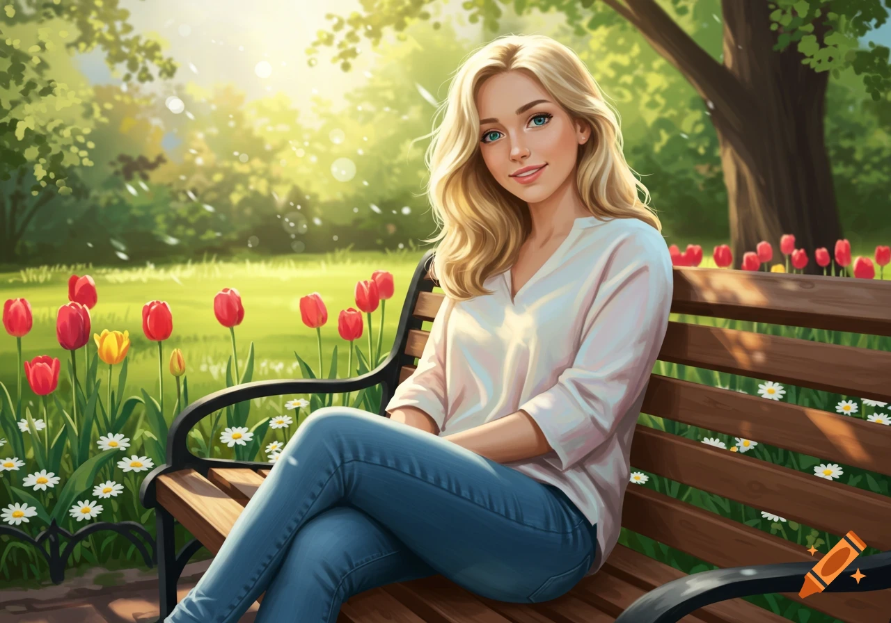A beautiful blonde woman with blue eyes sits on a park bench surrounded by tulips under dappled sunlight, digital art.