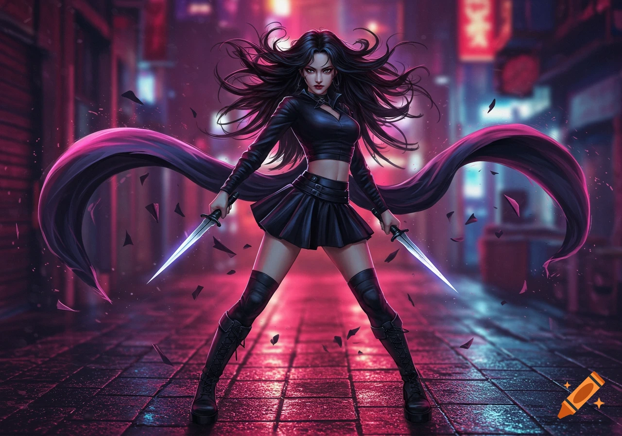 A female demon hunter with long black hair, dressed in black crop top and skirt, holds two daggers in a neon-lit city street.