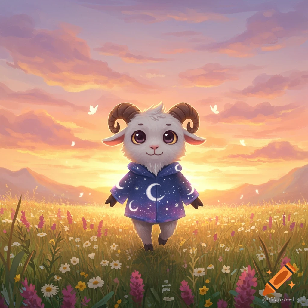 A cute, whimsical cartoon ram wearing a blue starry jacket walks through a field of colorful wildflowers at sunset.
